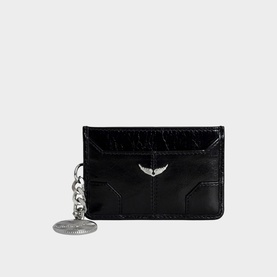 Zadig Sunny Vintage Patent Cardholder in black patent leather with silver wing motif and medallion chain charm detail