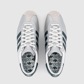 Adidas trainers in silver metallic, dark green three-stripe detail, white laces, rubber sole, overhead flat lay showing printed insole