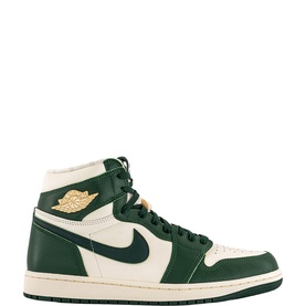 Nike W Air Jordan 1 Retro Hi OG Trainers in cream and forest green, gold Wing logo, high-top leather upper, rubber sole