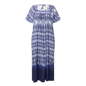 Masai blue tie-dye maxi dress with short sleeves, square neckline, tie-back detail, and deep navy hem border