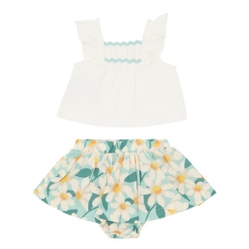 Ruffle Trim T-Shirt & Daisy Print Skirt Two-Piece Set