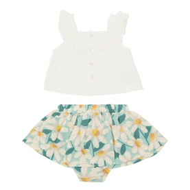 Ruffle Trim T-Shirt & Daisy Print Skirt Two-Piece Set