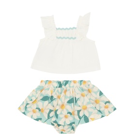 Ruffle Trim T-Shirt & Daisy Print Skirt Two-Piece Set