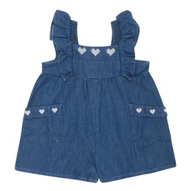 Heart Embroidered Denim Romper