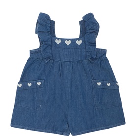 Heart Embroidered Denim Romper