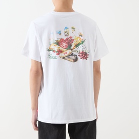 Model wearing Levi's You've Been Served Graphic T-Shirt in white, back view showing floral and food graphic print, crew neck, short sleeves