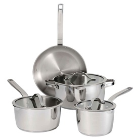 Tramontina silver stainless steel cookware set including frying pan, two lidded saucepans and one lidded casserole dish