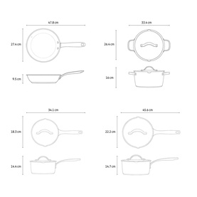 Tramontina silver cookware set technical diagram showing frying pan, lidded casserole, saucepan, and stockpot with dimensions labelled