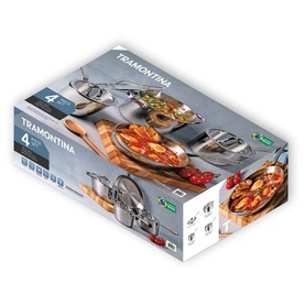Tramontina 4-piece silver stainless steel cookware set in packaging, showing pots and pans with glass lids on box imagery