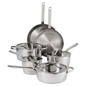 Tramontina silver stainless steel cookware set with lids, including saucepans, saut&eacute; pan, and frying pan with long handles