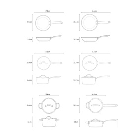 Tramontina silver cookware set size guide showing frying pans, saut&eacute; pans, and casserole dishes with dimensions labelled