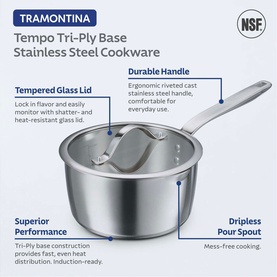 Tramontina Tempo Tri-Ply Base Stainless Steel saucepan in silver with tempered glass lid and riveted cast handle, with feature callouts