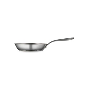 Tramontina silver stainless steel frying pan with long handle, polished finish, side view on white background