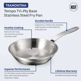Tramontina Tempo Tri-Ply Base Stainless Steel Fry Pan in silver with riveted cast steel handle, shown with feature callouts