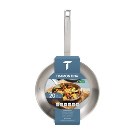 Tramontina silver stainless steel frying pan, 20cm, with long handle and branded packaging tag