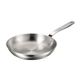 Tramontina silver stainless steel frying pan with long handle and riveted construction, polished interior finish