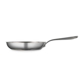 Tramontina silver stainless steel frying pan with long handle, shown in profile view against white background
