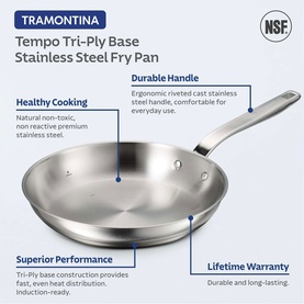 Tramontina Tempo Tri-Ply Base Stainless Steel Fry Pan in silver with riveted cast stainless steel handle, shown with feature callouts