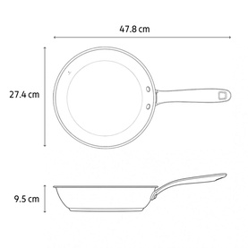 Tramontina Silver Frying Pan technical dimensions diagram showing 47.8cm width, 27.4cm depth, and 9.5cm height measurements.