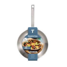 Tramontina 26cm silver stainless steel frying pan with long handle and branded packaging label attached