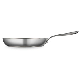 Tramontina silver stainless steel frying pan with long handle, shown in profile view
