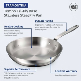 Tramontina Tempo Tri-Ply Base Stainless Steel Fry Pan in silver with riveted cast stainless steel handle, induction-ready