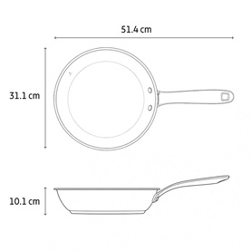 Tramontina silver frying pan technical diagram showing 51.4cm width, 31.1cm length and 10.1cm depth dimensions