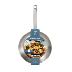 Tramontina silver stainless steel frying pan, 30cm, with long handle and branded packaging label