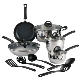 Tramontina silver stainless steel cookware set with black handles, including pots, pans, wok, and utensils