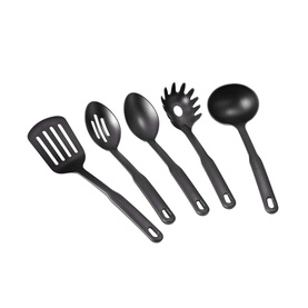 Tramontina 5-piece kitchen utensil set in black, including slotted spatula, spoon, pasta server, ladle, and solid spoon