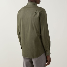 Model wearing Rodd & Gunn Ascot Park Shirt in khaki, back view showing knife pleats, long sleeves and single cuffs