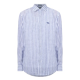 Rodd & Gunn Seadown Stripe Shirt in French navy, 100% linen, classic collar, long sleeves, curved hem, embroidered logo detail