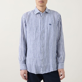 Model wearing Rodd & Gunn Seadown Stripe Shirt in French navy, linen, classic collar, long sleeves, bold vertical stripes, embroidered logo chest