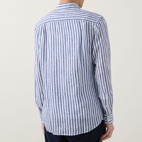 Model wearing Rodd & Gunn Seadown Stripe Shirt in French navy, rear view showing straight yoke, classic collar and long sleeves