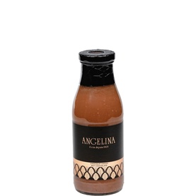 Angelina Hot Chocolate Bottle 25cl, brown liquid in glass bottle with black lid and decorative label