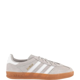 Adidas Gazelle Indoor Trainers in white suede with white 3-Stripes, gold branding, lace-up fastening and tan gum rubber outsole