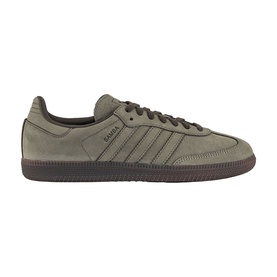 Adidas Samba trainer in Clay Shadow Olive, suede upper with tonal three stripes and dark gum sole