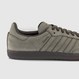 Adidas Samba trainer in Clay Shadow Olive, nubuck upper with tonal laces, three-stripe detail and dark gum sole.