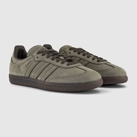 Adidas Samba trainers in Clay Shadow Olive Gum, suede upper with tonal stripes and dark gum rubber sole, three-quarter view