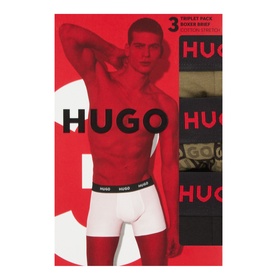 Hugo Boxers 3-pack in green, black and white, shown in retail packaging with branded waistbands