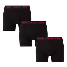 Hugo Three-Pack Solid Logo Boxer Briefs in black with red elasticated logo waistbands, mid-rise boxer brief style, smooth fabric finish