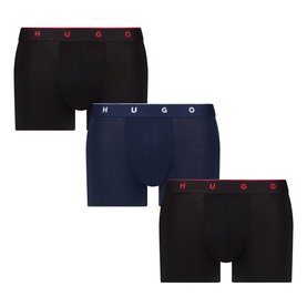 Hugo Three-Pack Fashion Trunk Boxers in black and navy, with red jacquard logo elasticated waistbands, shown as a flat lay set of three