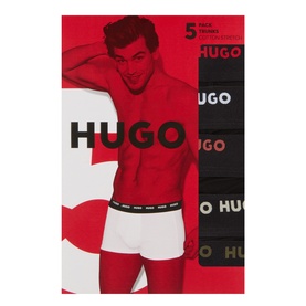 Hugo Five-Pack Logo Trunks in black, shown in packaging with model wearing one pair featuring logo elasticated waistband