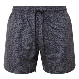 Hugo black swim shorts with all-over logo print, elasticated drawstring waist and side pockets