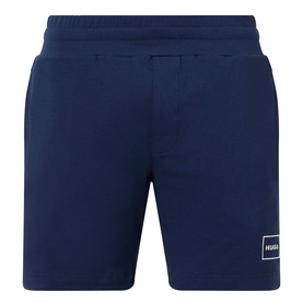 Hugo Laze Logo Lounge Shorts in navy, elasticated waist, straight-leg cut, small logo badge on left hem, smooth cotton finish
