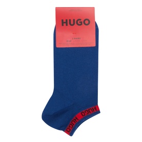 Hugo blue ankle socks multipack with red branded trim at cuff, cotton blend, shown in packaging