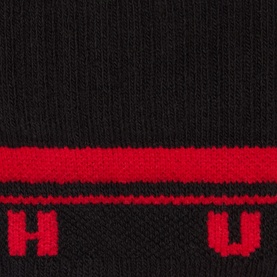 Hugo Three-Pack Spaced Logo Socks in black with red contrast logo cuffs, ribbed knit finish, close-up detail shot