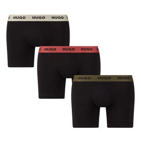 Hugo Three-Pack Logo Boxer Briefs in black with contrast elasticated waistbands in grey, red and khaki, shown as a stacked set of three