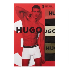 Hugo Three-Pack Logo Boxer Briefs in charcoal, black and khaki colourways shown in retail packaging with model inset image