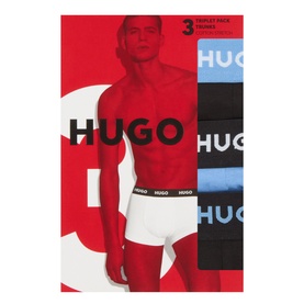 Hugo Boxers 3-Pack in blue, black and white, shown in retail packaging with model wearing white pair with branded waistband